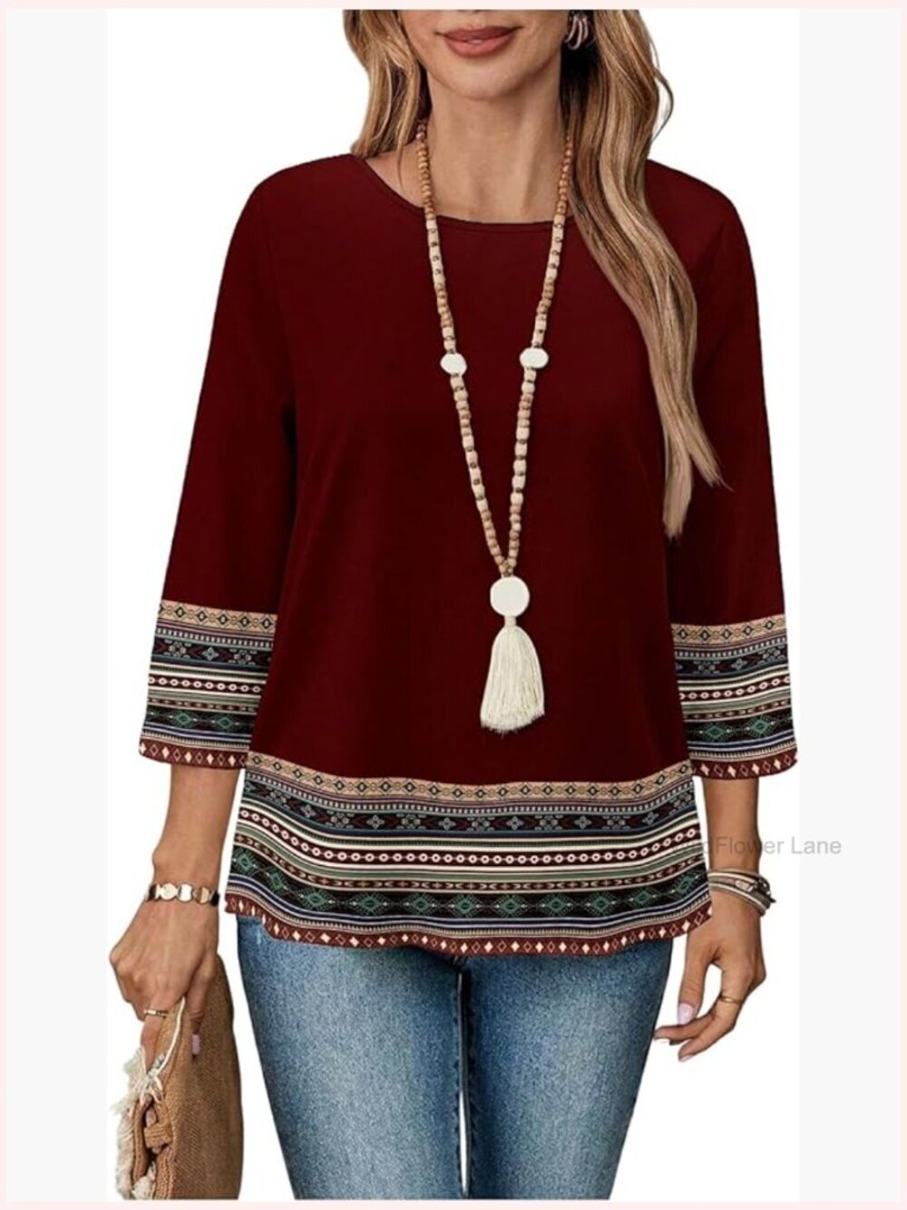 Paisley Print 3/4 Sleeve Blouse Boho Crew Neck Vacation Top Teacher Outfit